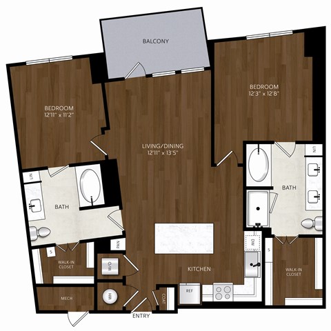 Floor plan for 2 beds, 2 baths, 1186 sqft